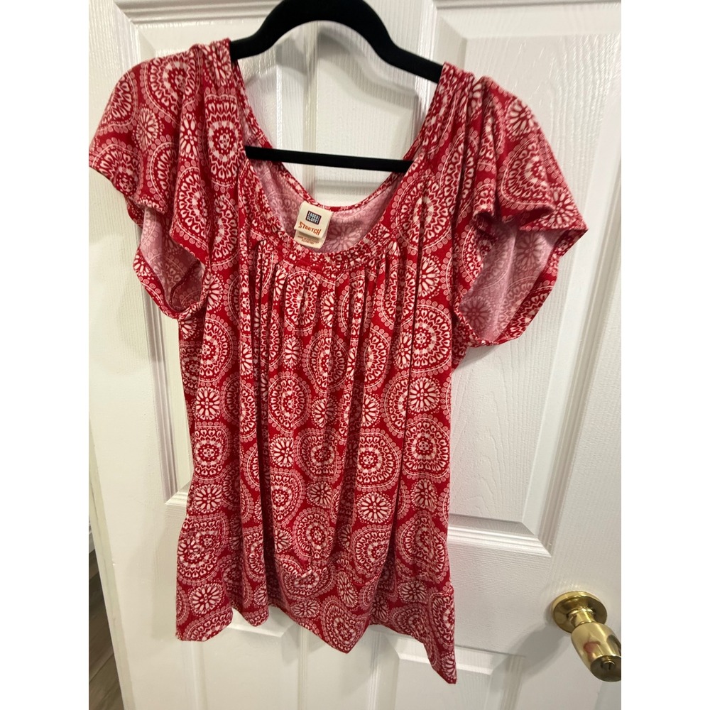 Faded Glory Red White Mandala Print Flutter Sleeve Stretch Knit Top XL 16-18